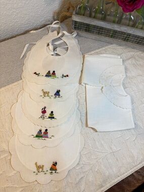 Vtg Labores Bolivianas 8pc Baby Heirloom Set - Blanket, Pillowcase, Bibs, Shirt